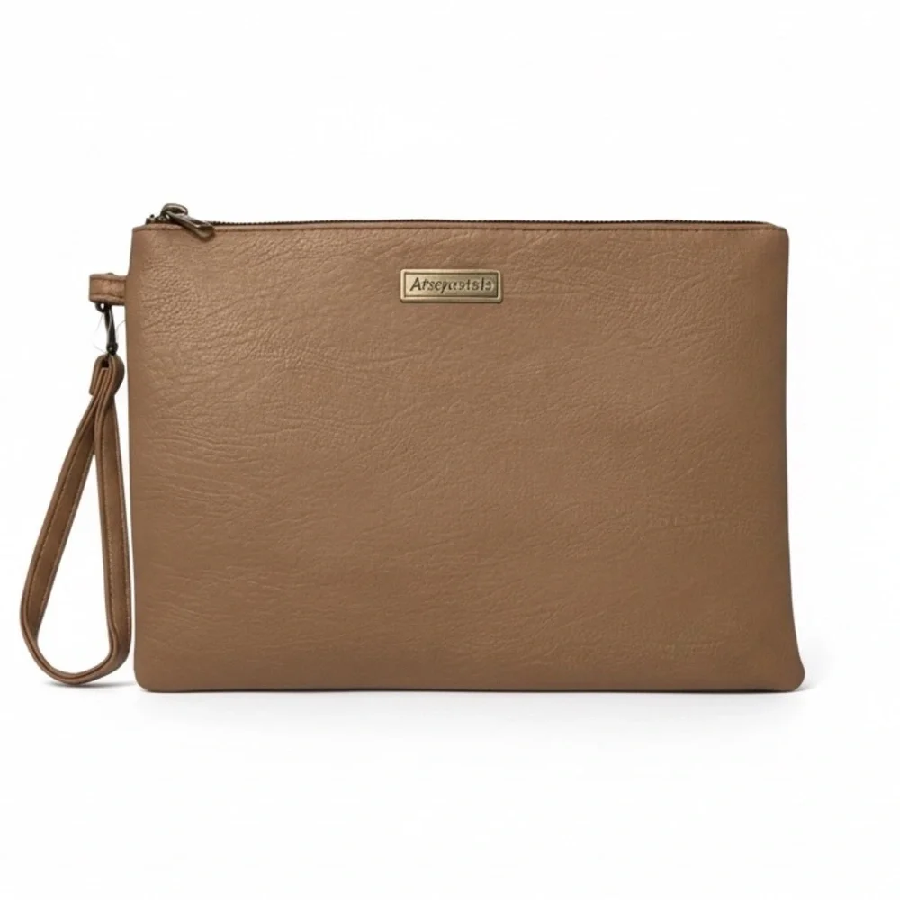 Aeropostale Beige Faux Leather Wristlet Clutch Zip Pouch Neutral Everyday Bag